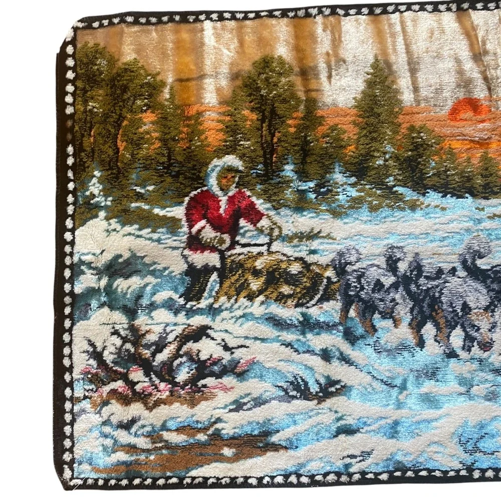 Vintage Velvet Tapestry Dog Sled Team Musher Winter Sunset Wall Hanging 38x19